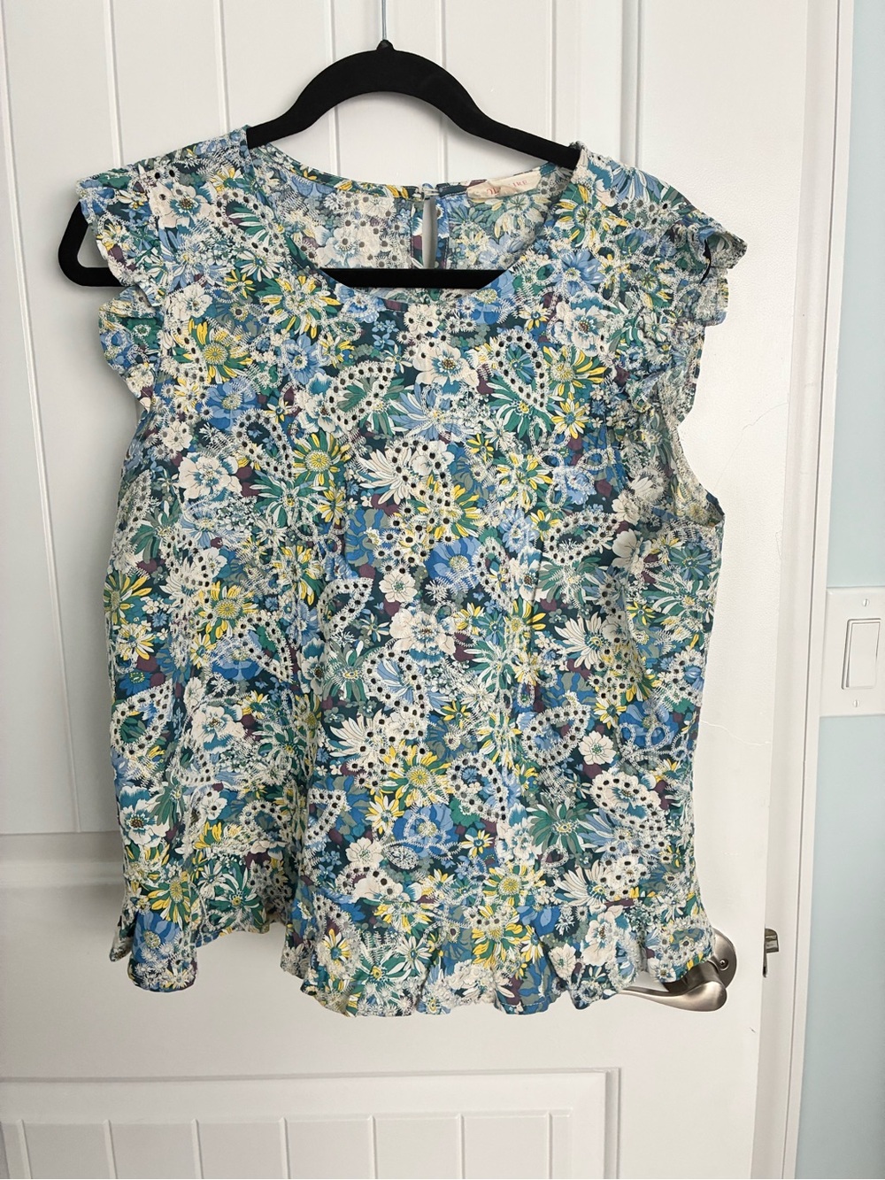 Solitaire Floral Ruffle Sleeve Blouse - Blue, White & Yellow